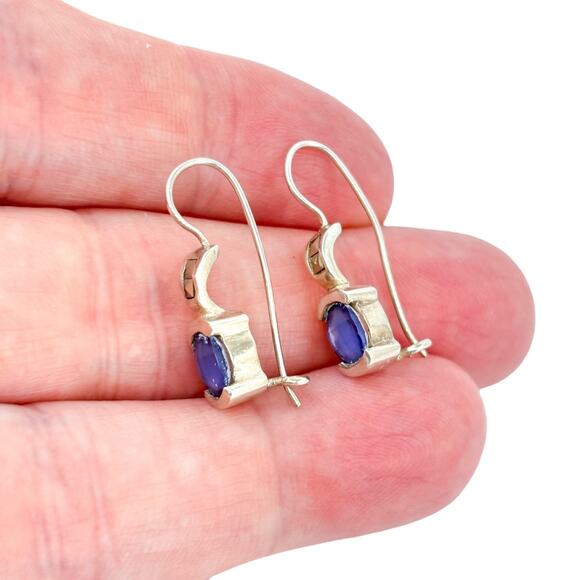 Vintage Sterling Silver 925 Blue Crystal Marcasite Drop Earrings - Picture 1 of 8